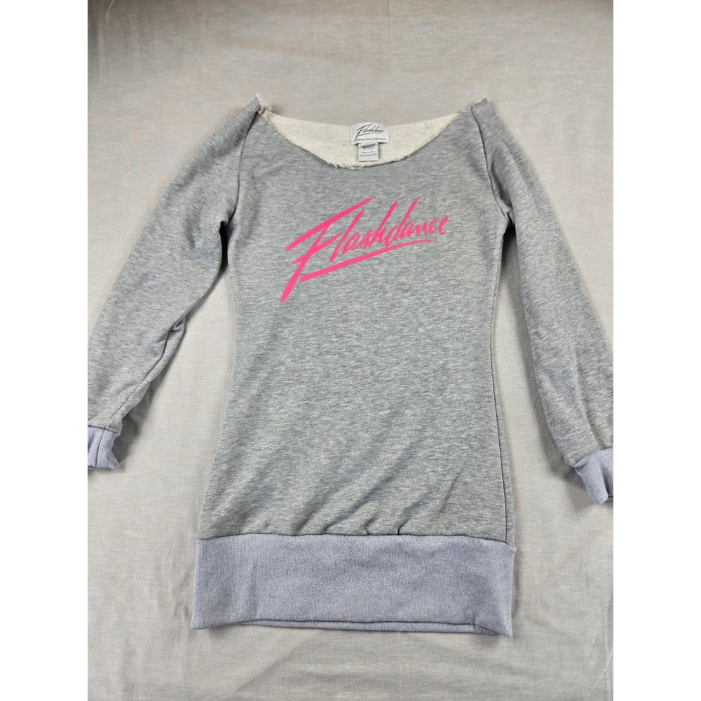 Flashdance Movie Graphic Sweatshirt Gray Neon Pink Boat Neck Longline Small